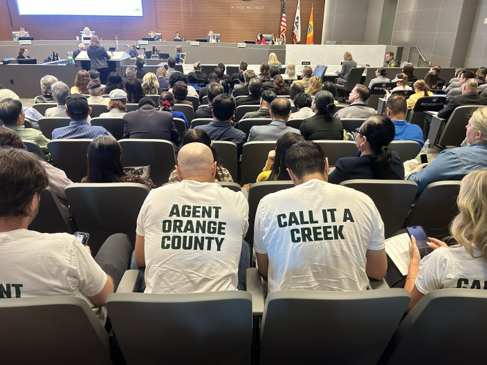 Orange County Creek Team members and other Orange County residents sit in chairs before the Board of Supervisors.