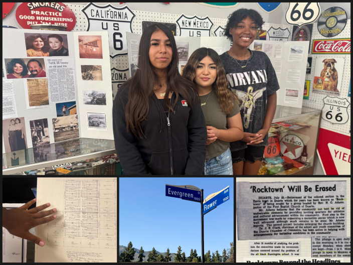 A photo collage. The topmost image is of three young women with medium and medium-dark skin tone standing in front of tri-fold posterboards with newspaper clippings and family pictures. The bottom right image is of a newspaper clip with the headline "Rocktown will be erased."